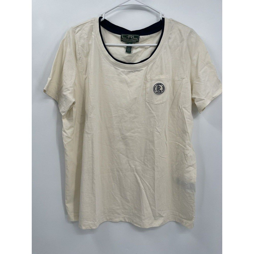 LAUREN RALPH LAUREN ACTIVE‎ Womens Cream Pocket Logo T Shirt Size 1X